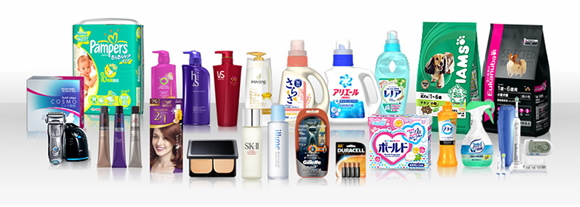A lineup of assorted household and personal care products (diapers, shampoos, cosmetics, cleaners, and pet supplies).