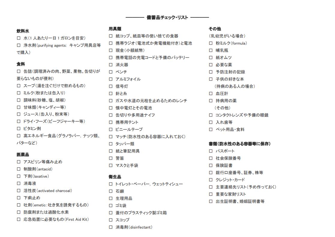 これだけは準備しておこう 非常事の持ち出し品 備蓄品チェックリスト Junglecity Com