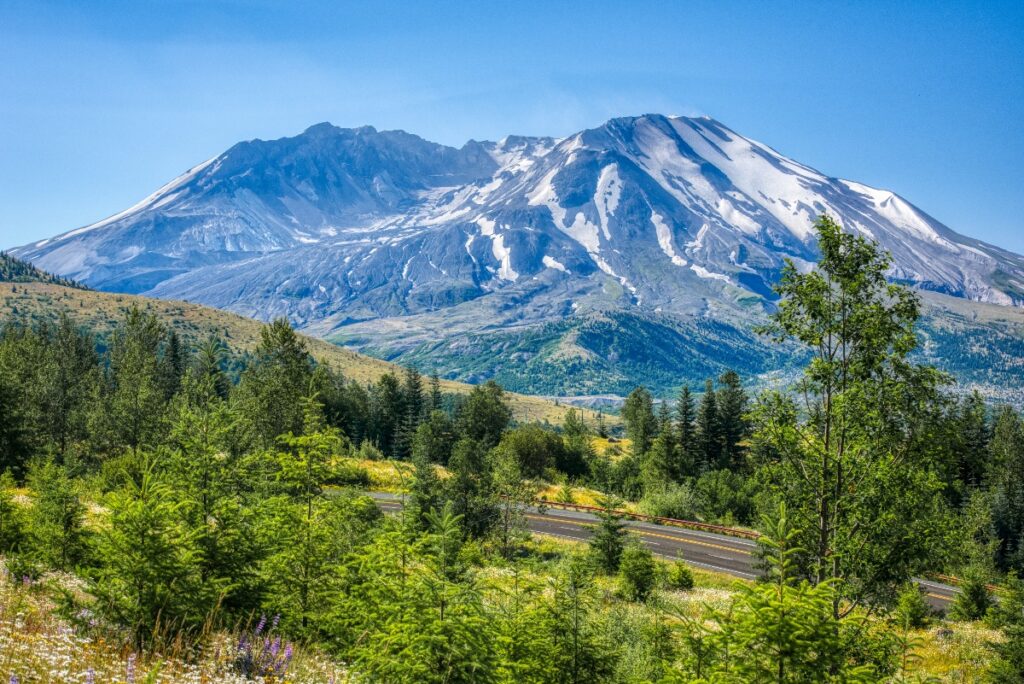 Snow-capped mountain range overlooking a forested valley with a winding road.