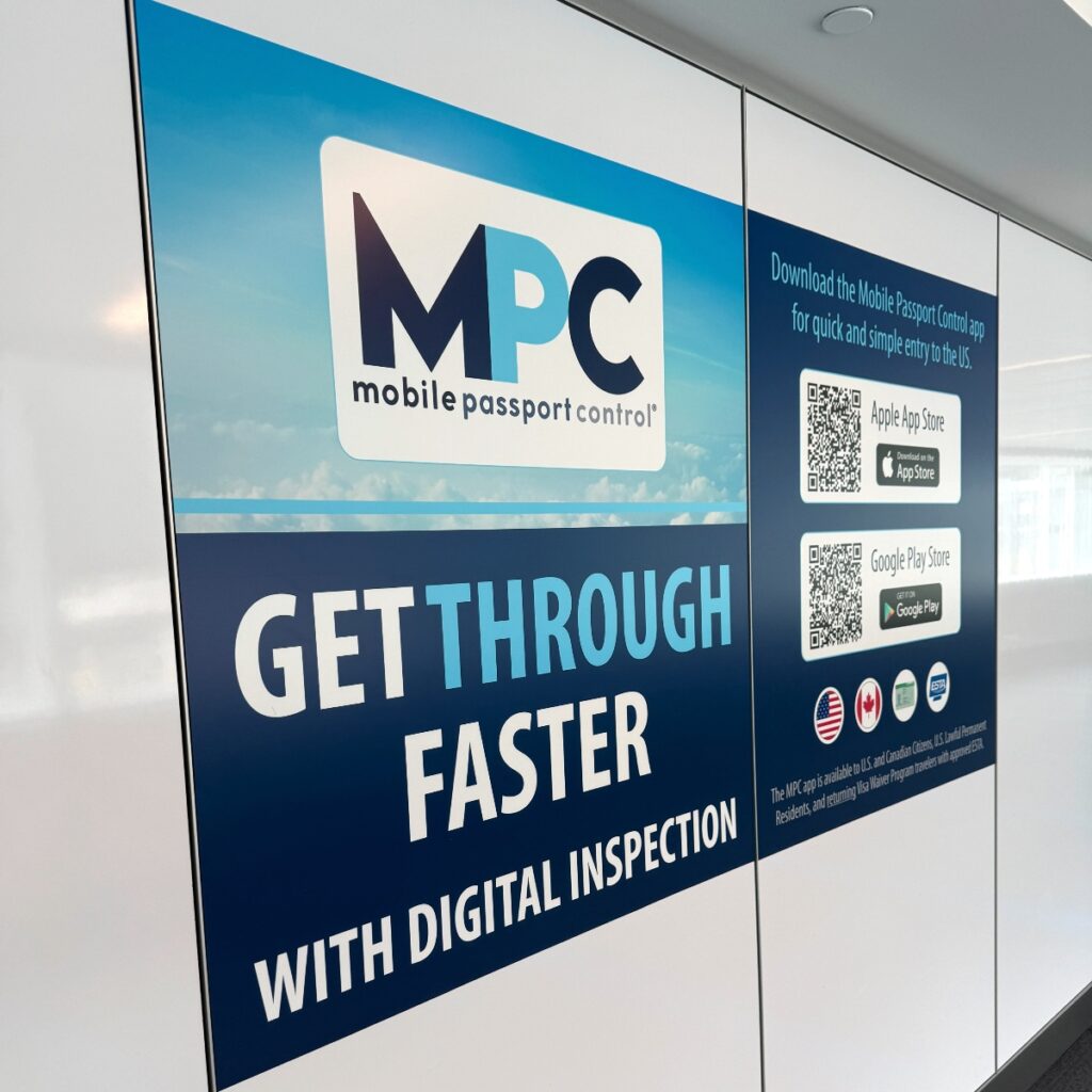MPC mobile passport control poster: 'GET THROUGH FASTER WITH DIGITAL INSPECTION' on a blue panel image.
