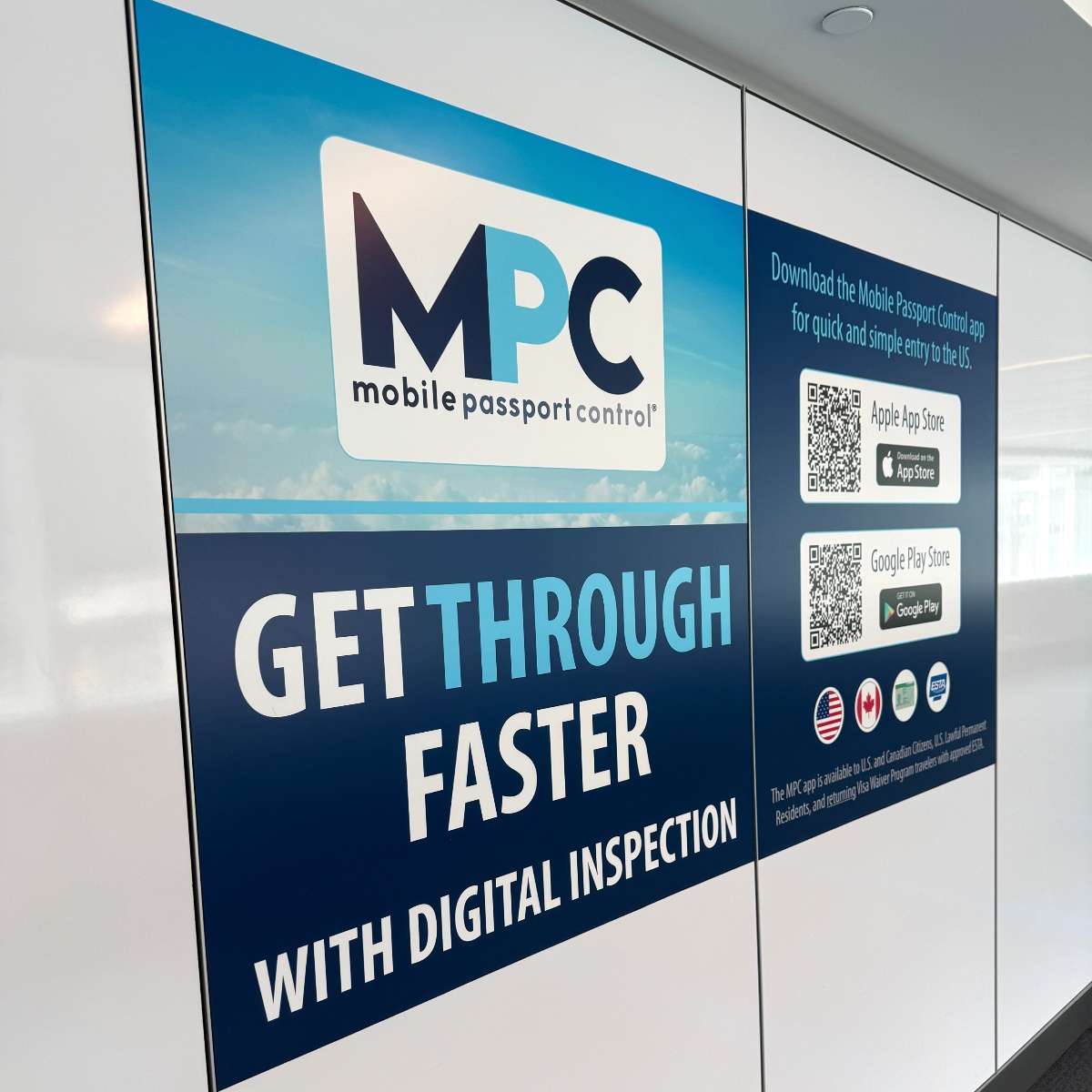 MPC mobile passport control poster: 'GET THROUGH FASTER WITH DIGITAL INSPECTION' on a blue panel image.