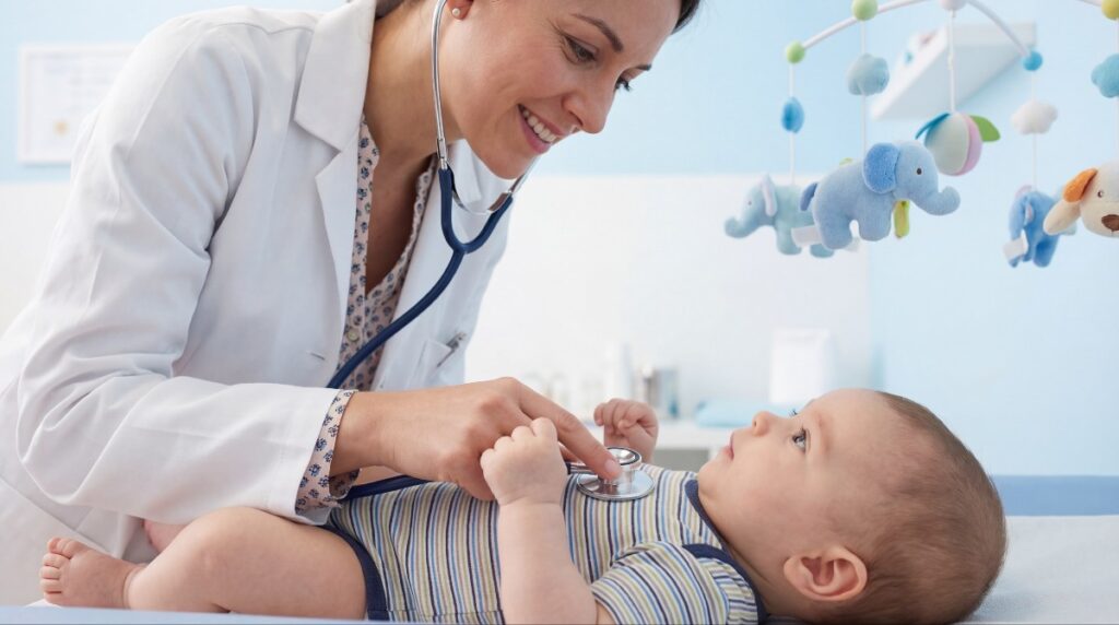 Pediatrician uses a stethoscope to listen to a baby's chest during a checkup in a bright clinic setting.