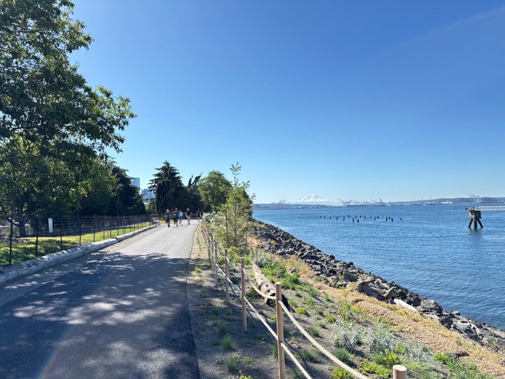 waterfront-trail-1 - junglecity.com Sunlit coastal path along the water with trees on the left and a rocky shoreline on the right; people walk ahead.