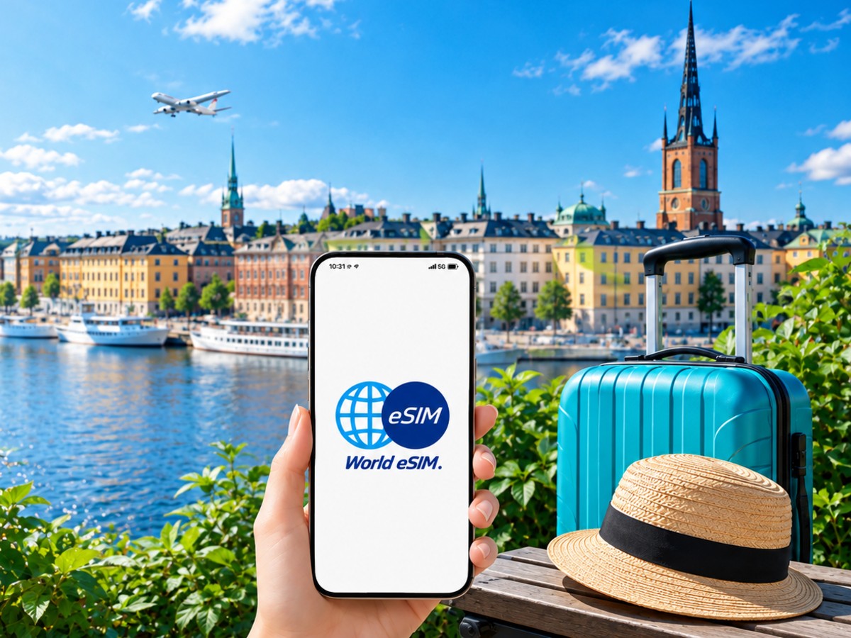 Person holding a smartphone displaying the World eSIM logo with a blue suitcase and hat by a waterfront cityscape in the background, suggesting travel connectivity.