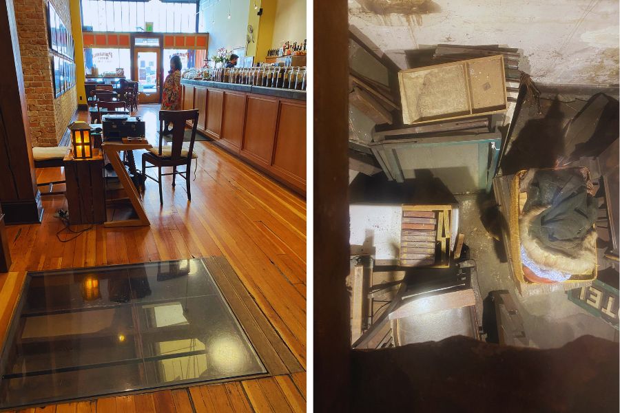 panama-hotel-20 - junglecity.com Split image: left shows a bright cafe interior with a long wooden counter and chairs; right shows a cluttered storage/attic space with old furniture and boxes.