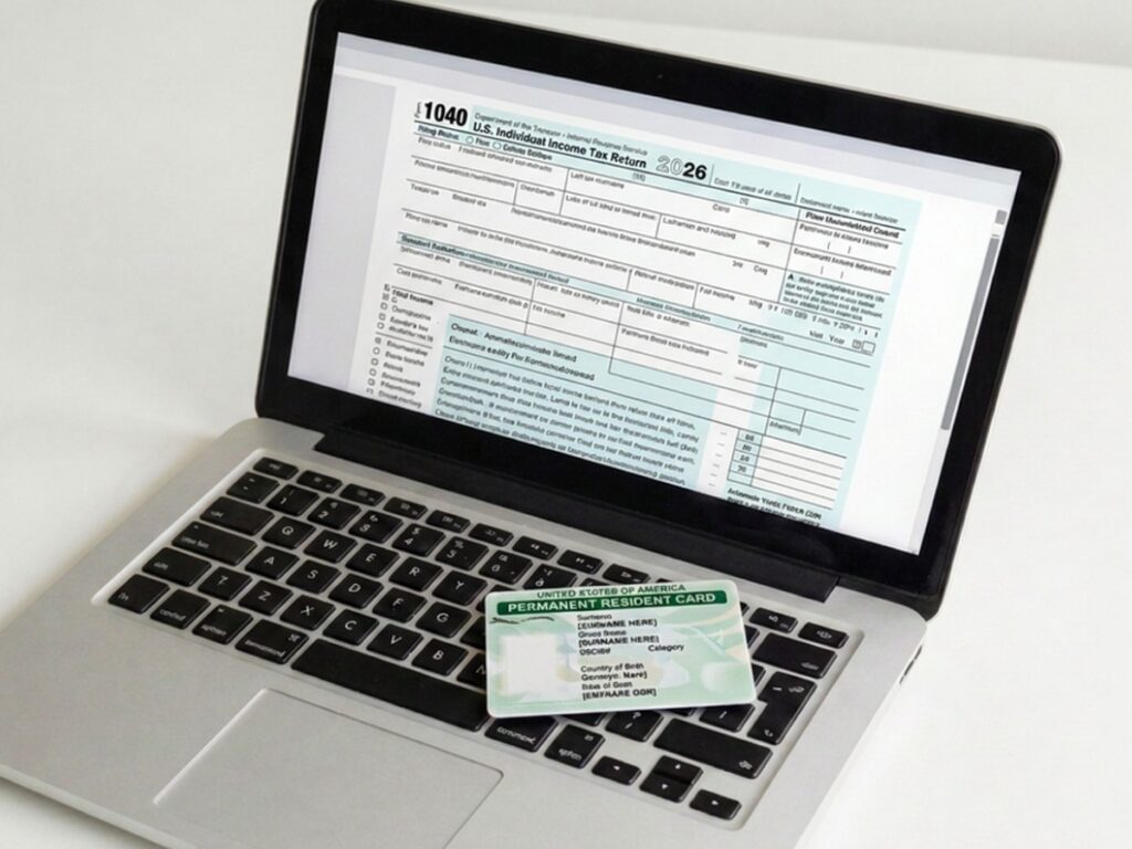 Laptop with a tax form on the screen and a green permanent resident card on the keyboard.