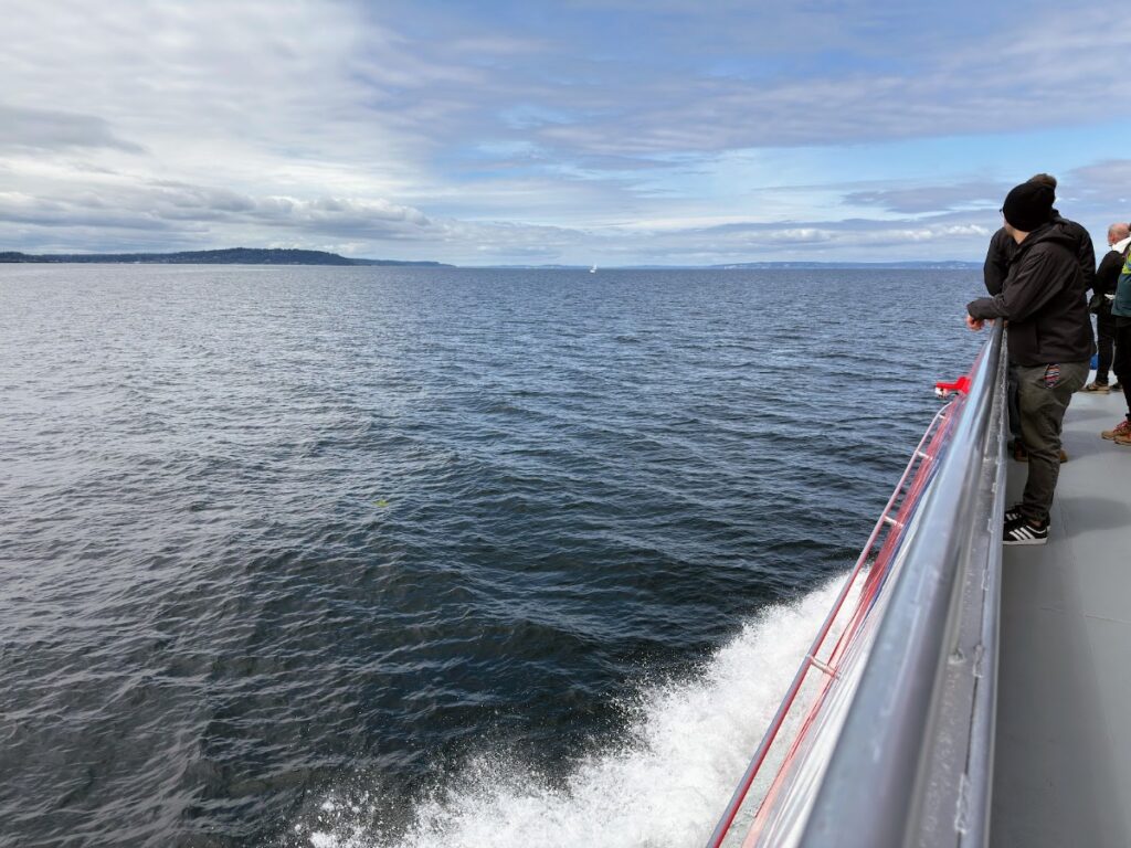 People stand along a railing on a boat or ferry, looking out over choppy blue water with a distant shoreline and small sailboat on the horizon.