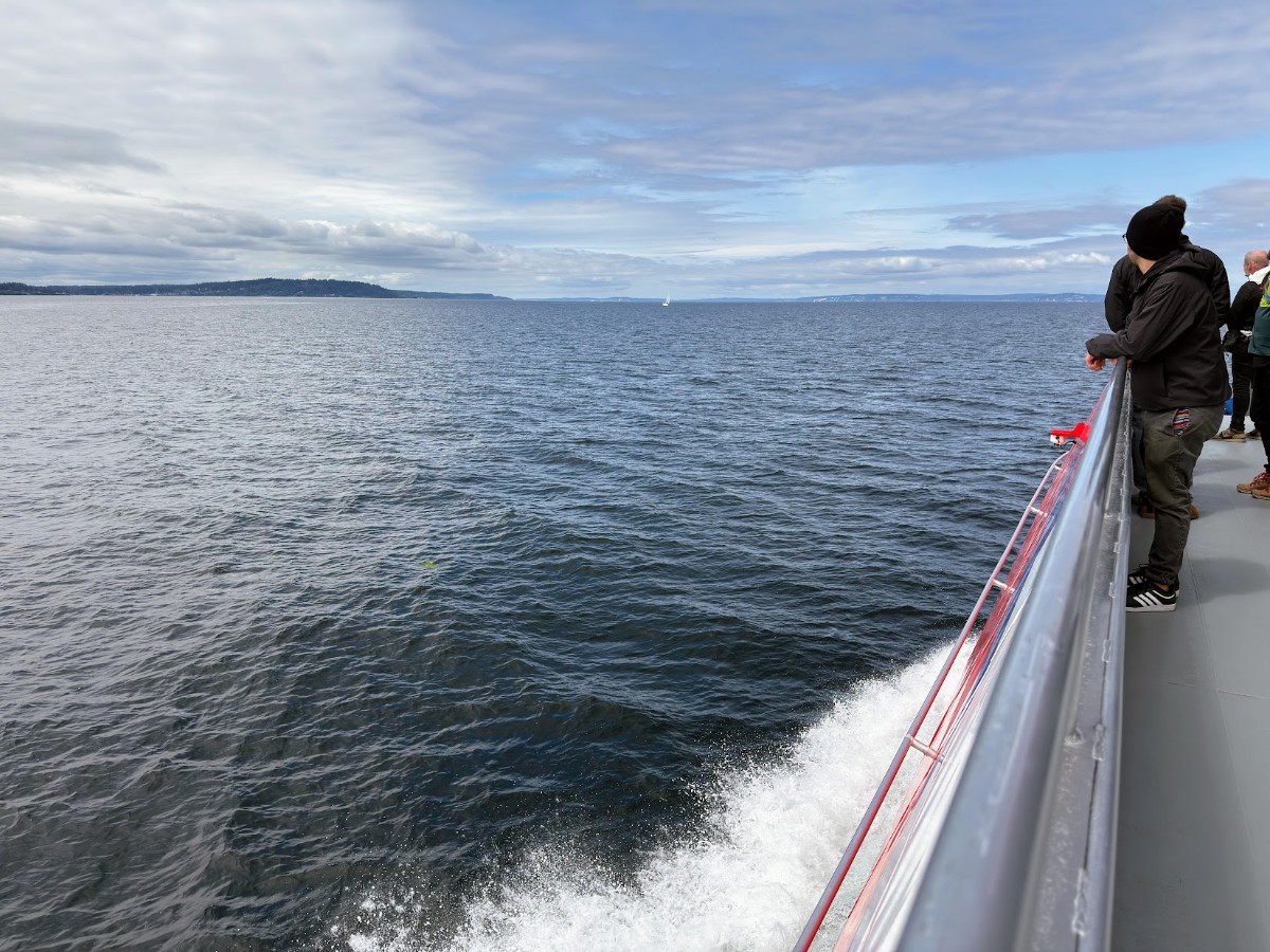 People stand along a railing on a boat or ferry, looking out over choppy blue water with a distant shoreline and small sailboat on the horizon.