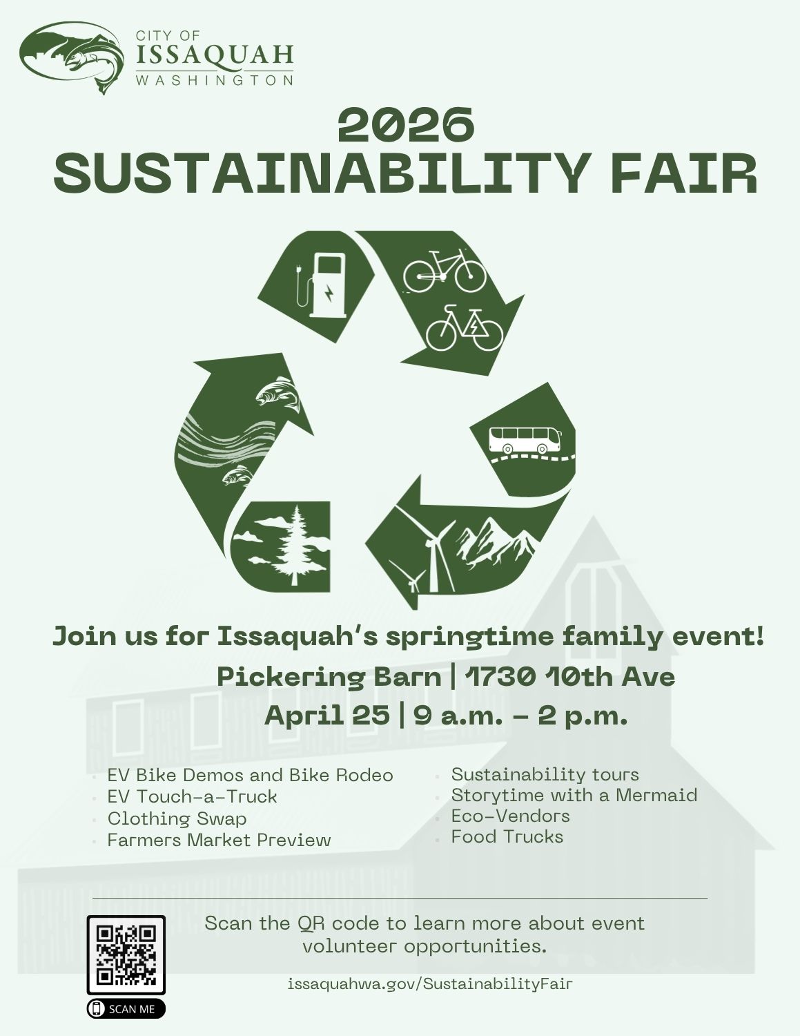 Poster for 2016 Issaquah Sustainability Fair featuring green recycling arrows, city logo, and event details (Pickering Barn, 1730 10th Ave, April 25, 9 a.m.–2 p.m.).