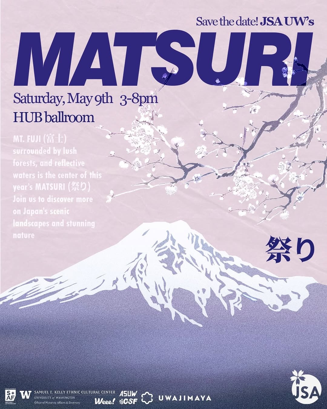 Poster advertising a Matsuri festival with Mt. Fuji silhouette, pale purple backdrop, and cherry blossoms; includes event date and venue text in bold purple fonts (Japanese 祭り).