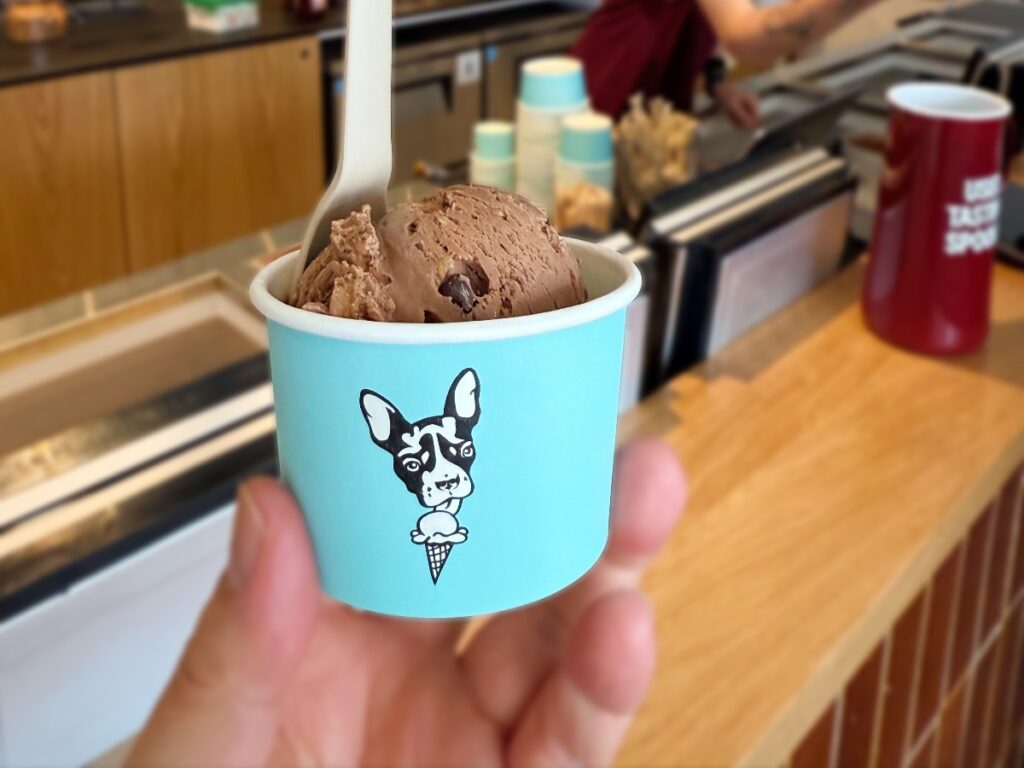 Blue cup with a cute dog illustration holding an ice cream cone; chocolate ice cream and a spoon inside, held at a counter.
