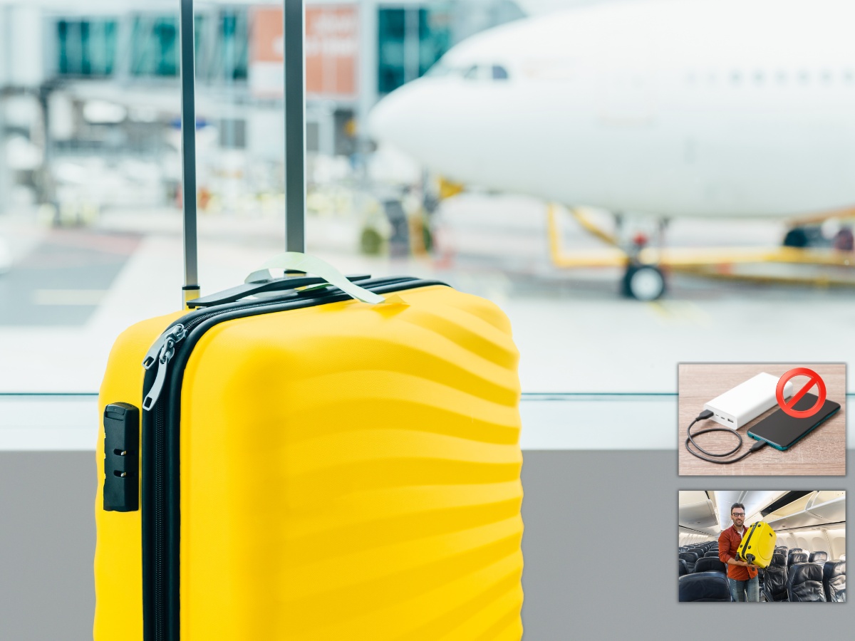 Bright yellow hard-shell suitcase at an airport gate with an airplane in the background; insets show a prohibition sign over a power bank and a man with a suitcase onboard.