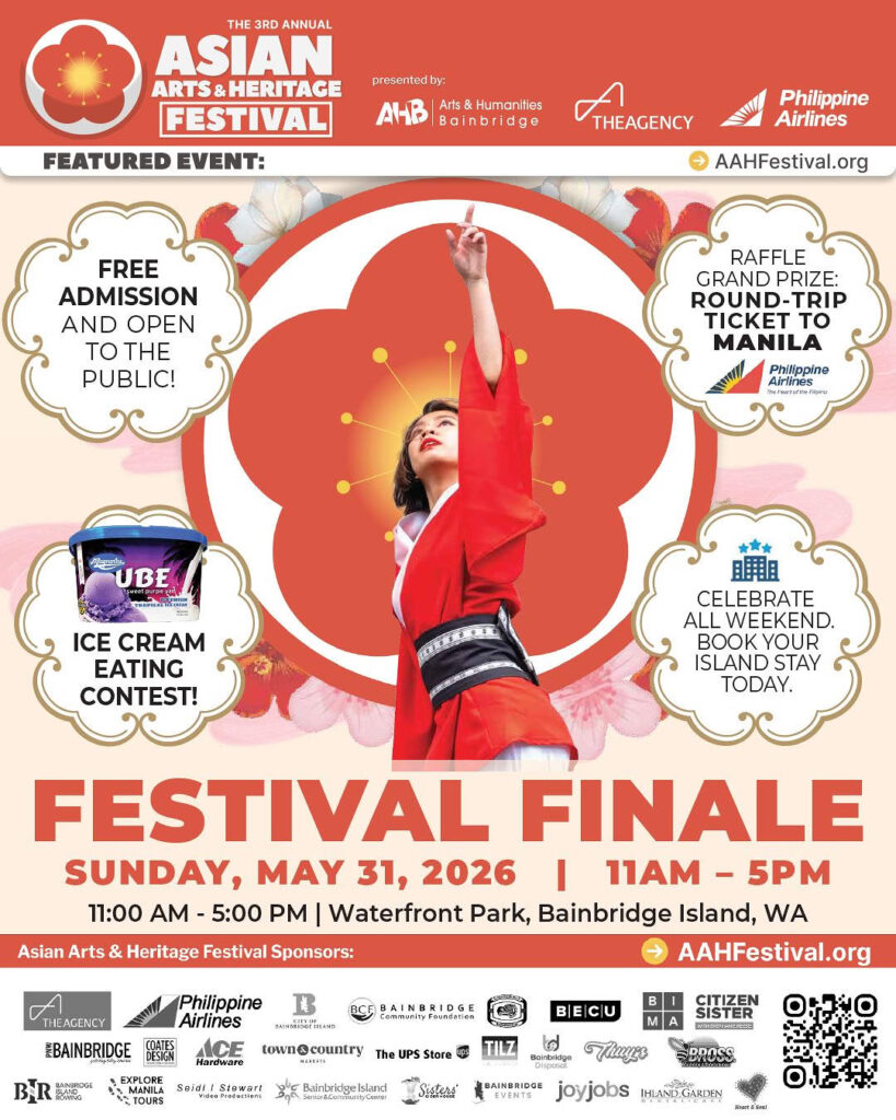 Festival finale poster for Asian Arts & Heritage Festival with a dancer in red reaching upward and decorative circles behind her.