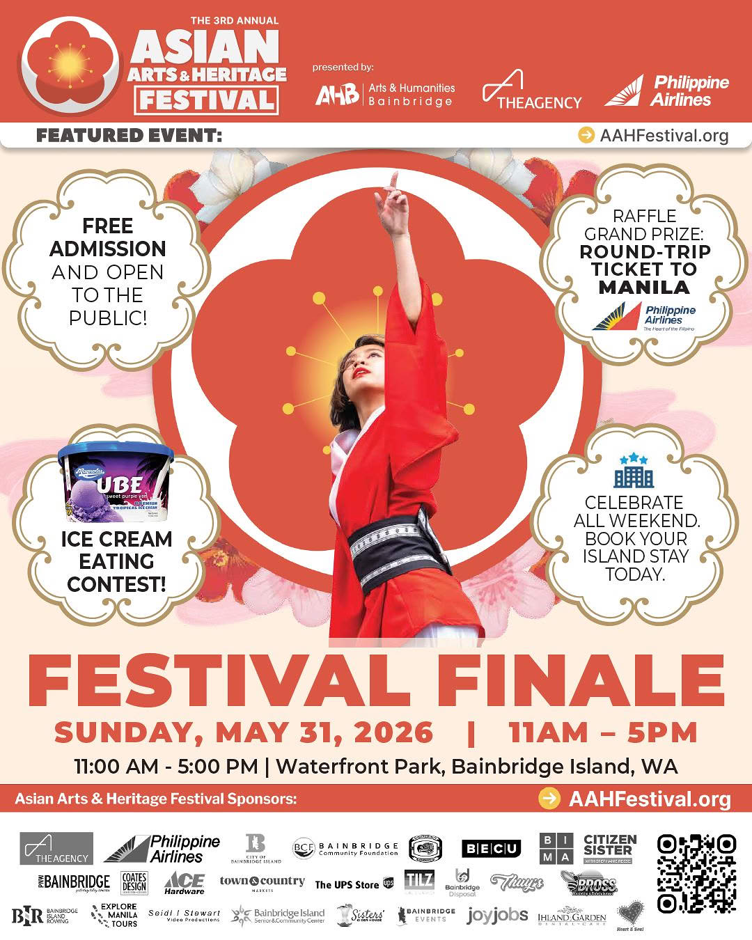 Festival finale poster for Asian Arts & Heritage Festival with a dancer in red reaching upward and decorative circles behind her.