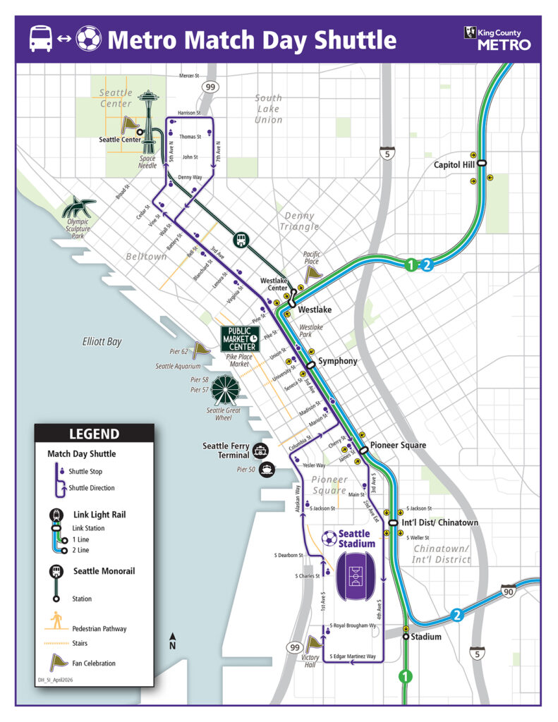 match-day-shuttle-2026 - junglecity.com Metro Match Day Shuttle map of Seattle area showing shuttle routes and stops (Westlake, Pioneer Square, Seattle Center) with a legend in the bottom-left.