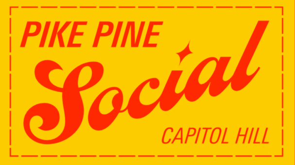 Bright yellow sign/logo with red cursive text reading 'Pike Pine Social' and smaller 'Capitol Hill' text, plus a star sparkle and a dashed border.
