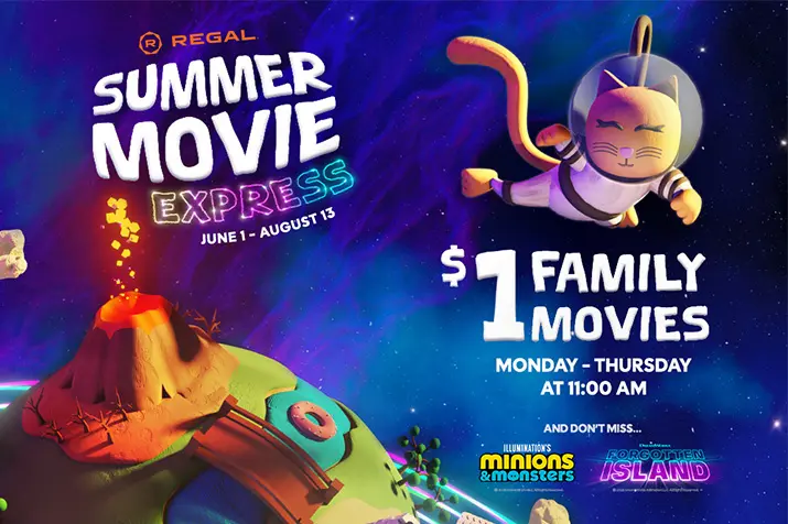 Promotional poster for Regal Summer Movie Express: $1 family movies Mon–Thu at 11:00 AM, featuring Minions & Monsters Island imagery.