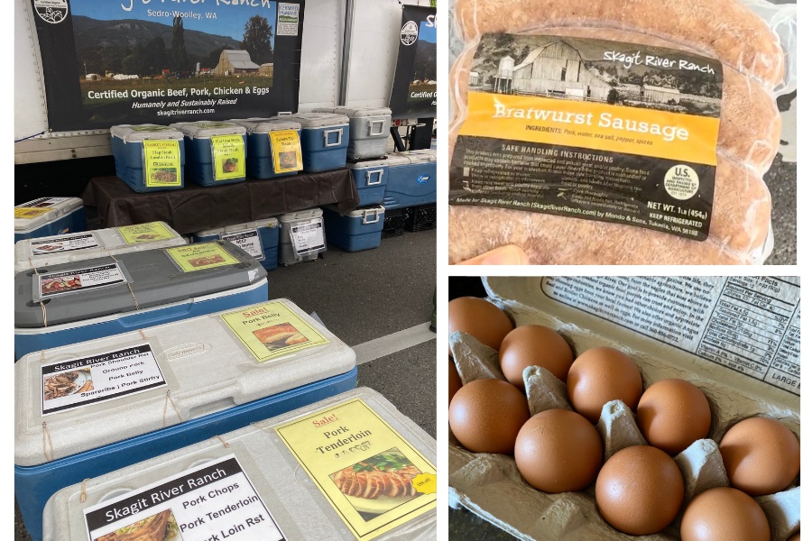Collage of Skagit River Ranch market display: coolers with meat signs on the left, a bratwurst sausage package on the right, and a carton of eggs below-right Unsure?