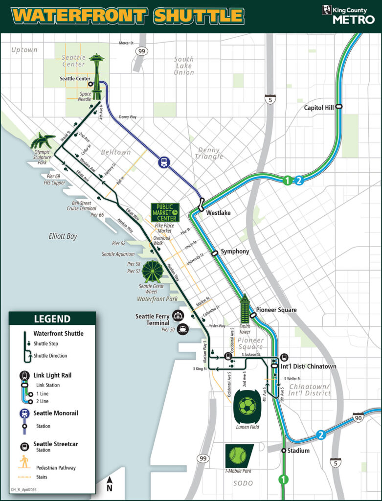 waterfront-shuttle-route-2026 - junglecity.com Map of Seattle waterfront shuttle routes with green and blue lines, showing stops and landmarks like Seattle Center and Pioneer Square.