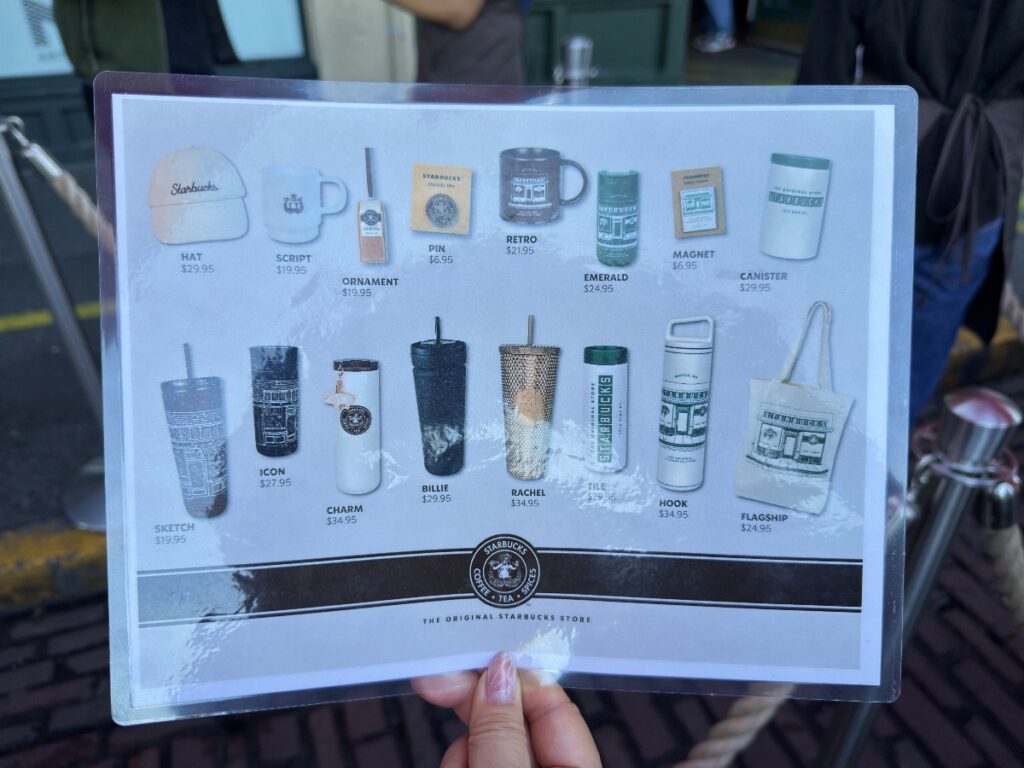 first-starbucks-11 - junglecity.com Poster showing Starbucks merchandise with items and prices (hat, mug, ornament, pins, tumblers, canister, tote).