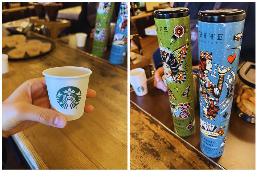 first-starbucks-15 - junglecity.com A hand holds a small white Starbucks cup at a wooden café counter, with pastries in the background (left panel). The right panel shows two tall, colorful illustrated tumblers on the counter.