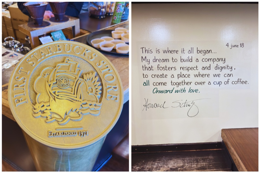 first-starbucks-16 - junglecity.com Close-up of a gold commemorative seal reading 'First Starbucks Store' on a metal cup, with coffee equipment and display in the background.