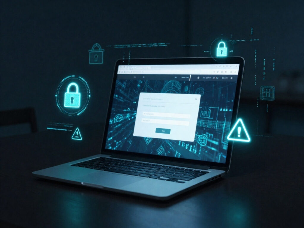 Laptop on a dark desk showing a login form, surrounded by glowing blue cybersecurity icons (locks and warning symbols).