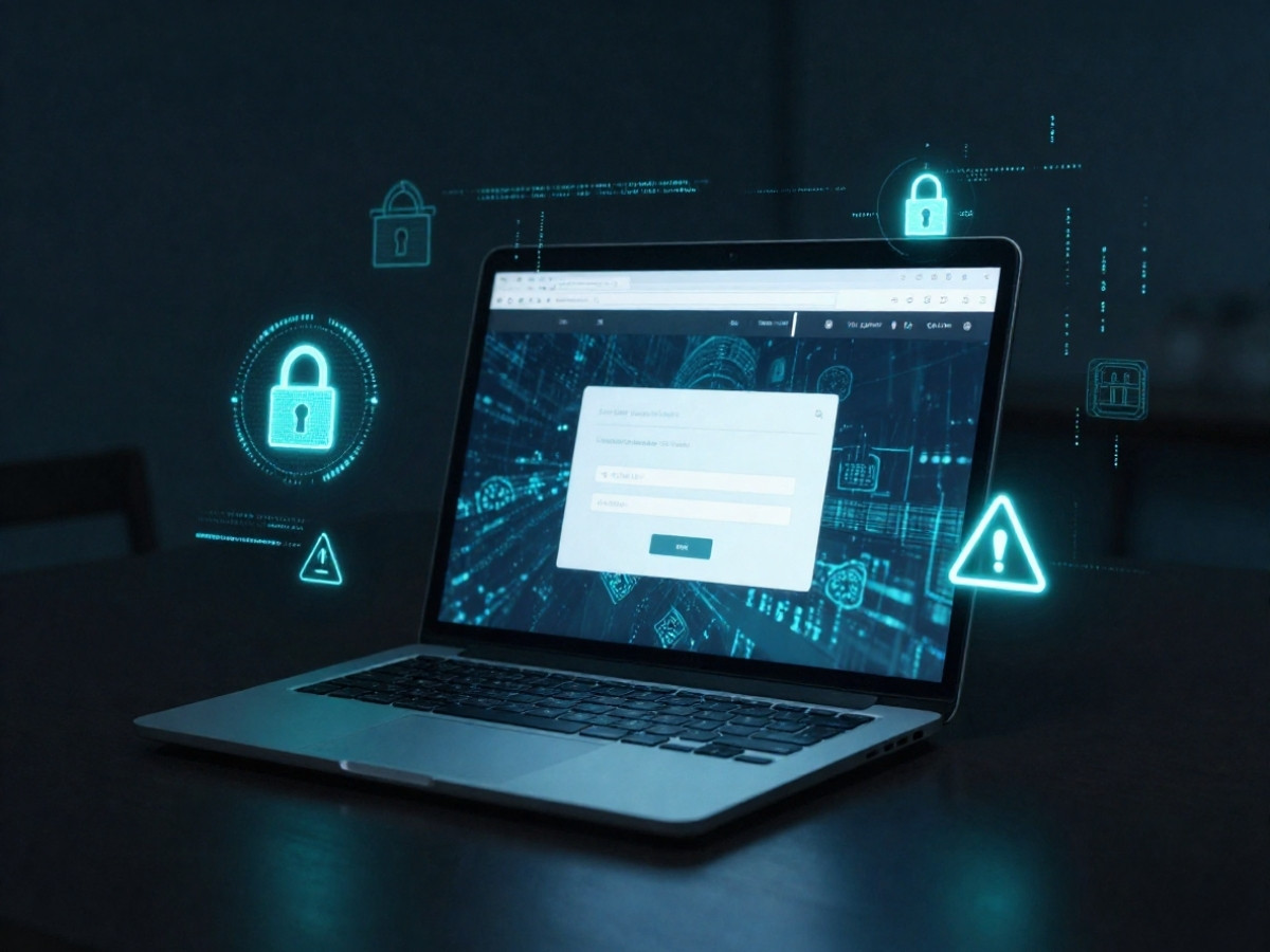 Laptop on a dark desk showing a login form, surrounded by glowing blue cybersecurity icons (locks and warning symbols).