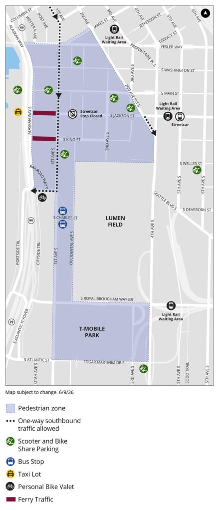 Pedestrian zone map around Lumen Field and T-Mobile Park showing bike icons, bus stops, streetcar lines, and ferry traffic areas; legend included.