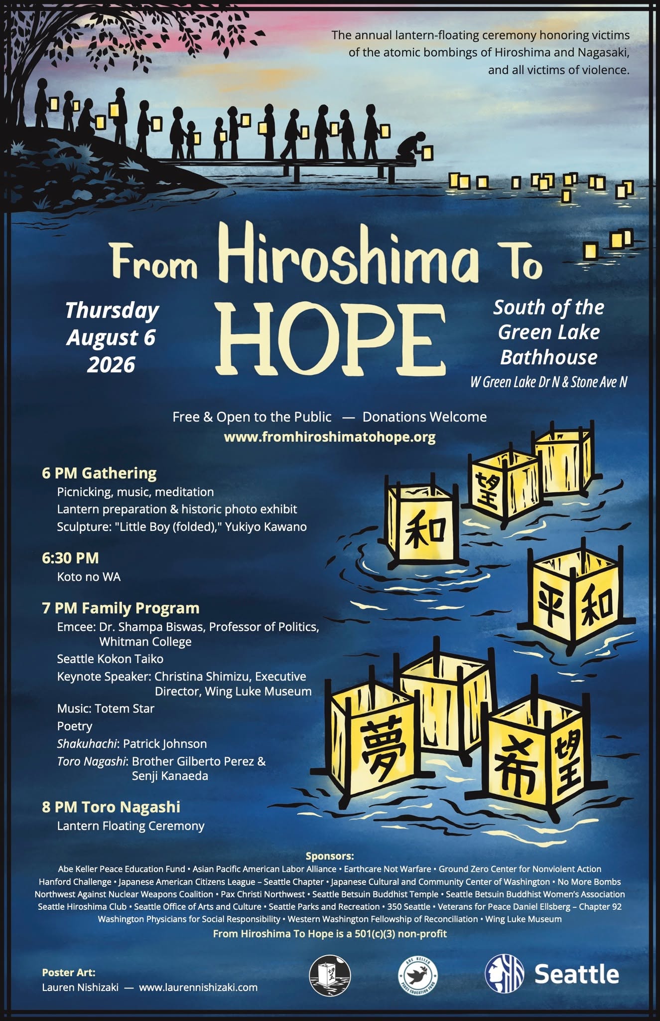 Poster for 'From Hiroshima To HOPE' lantern-floating ceremony honoring Hiroshima/Nagasaki victims and violence victims; shows people with lanterns on a pier at sunset, with floating lanterns on water.
