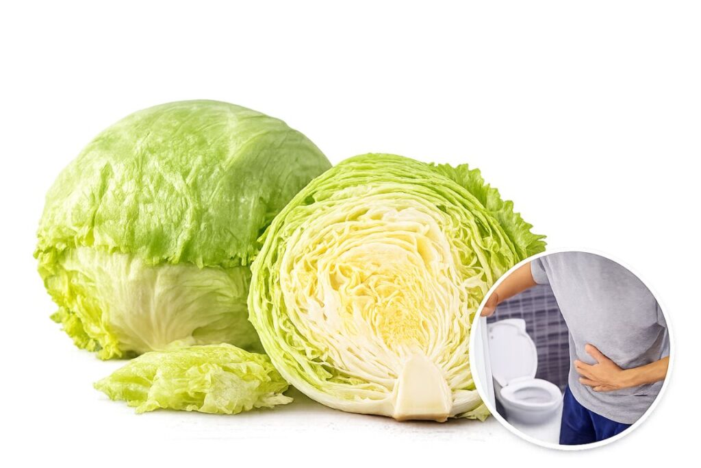 Iceberg lettuce heads with a circular inset showing a person clutching his stomach near a toilet, suggesting indigestion or stomach pain from eating lettuce.