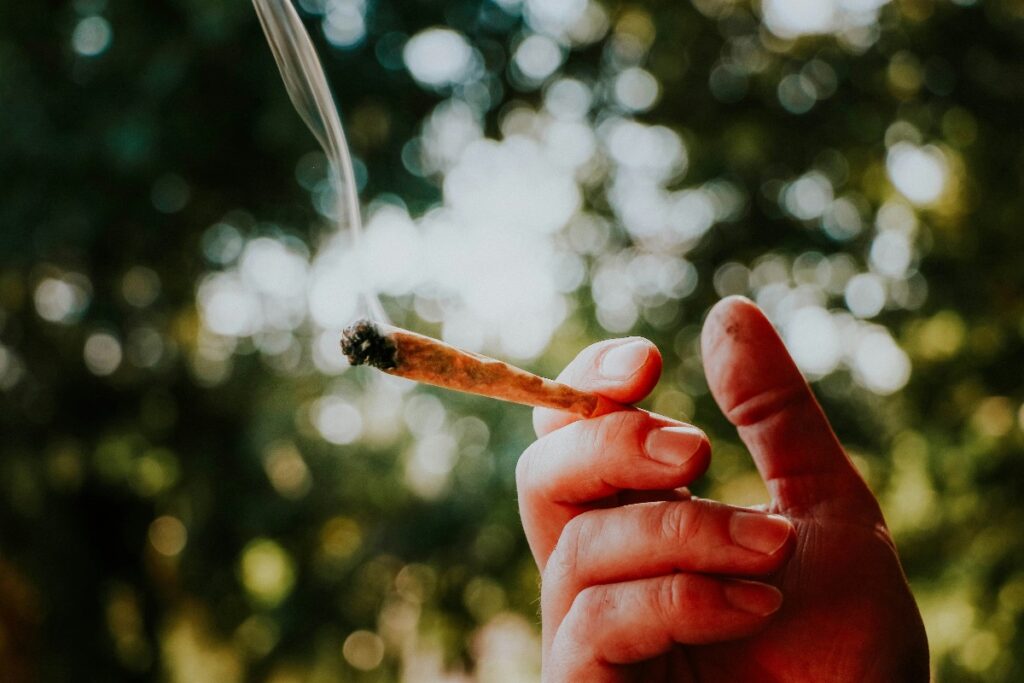 marijana-5 - junglecity.com Close-up of a hand holding a lit joint outdoors as smoke rises against a blurred green background.
