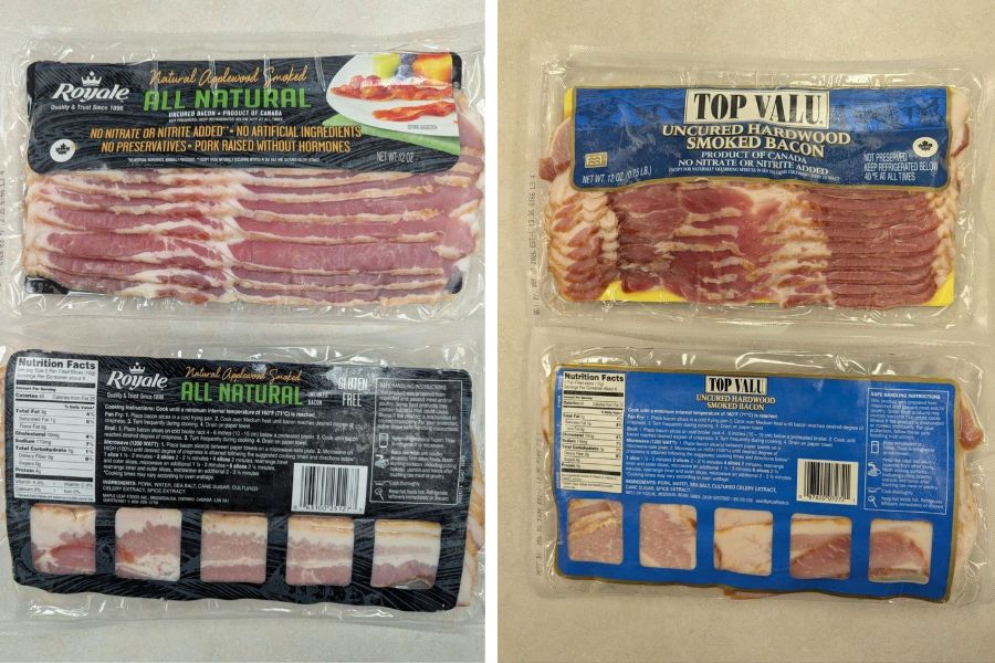 Two bacon packages on the left labeled All Natural with sliced bacon visible inside; plastic wrap. On the right, two Top Valu uncured hardwood smoked bacon packages with blue labels and slices showing.