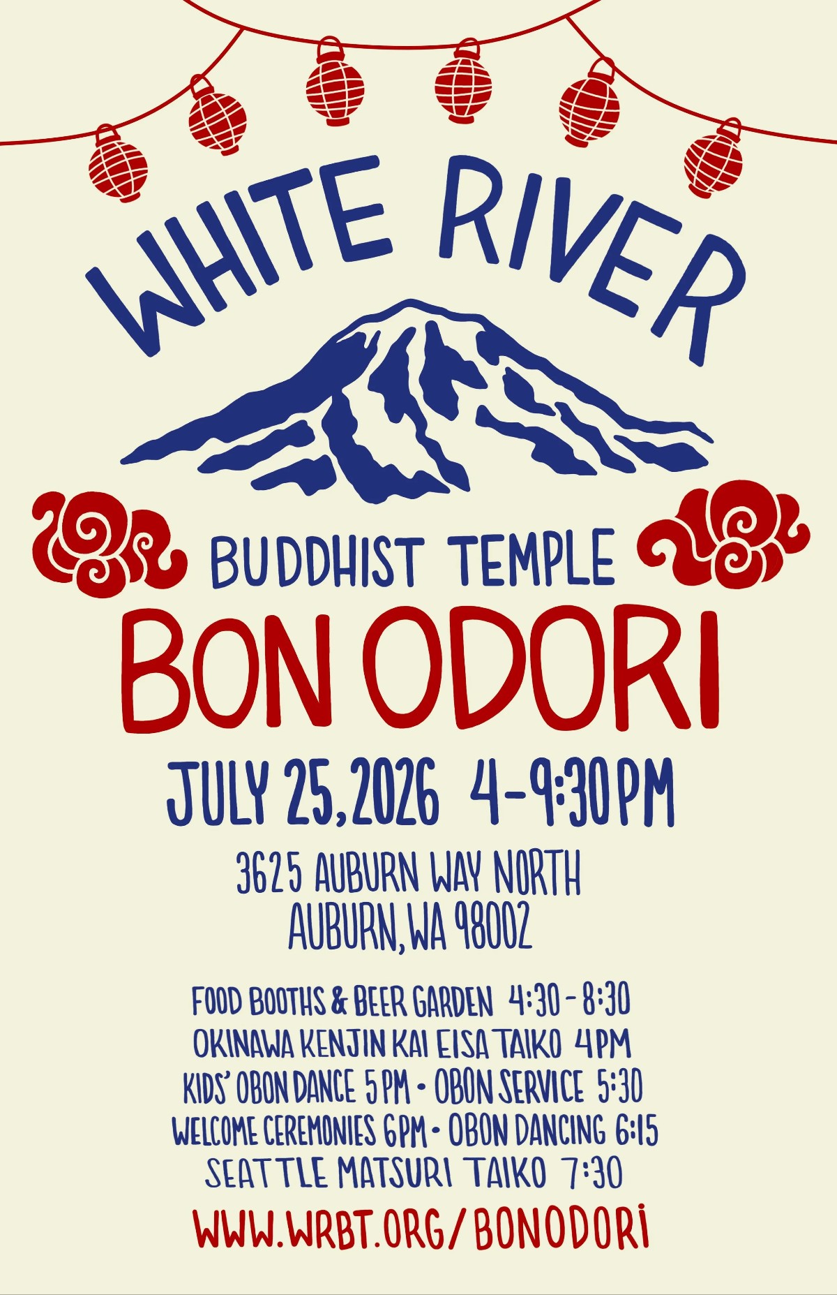 Poster for White River Buddhist Temple Bon Odori featuring a blue mountain illustration, red lanterns, and event details