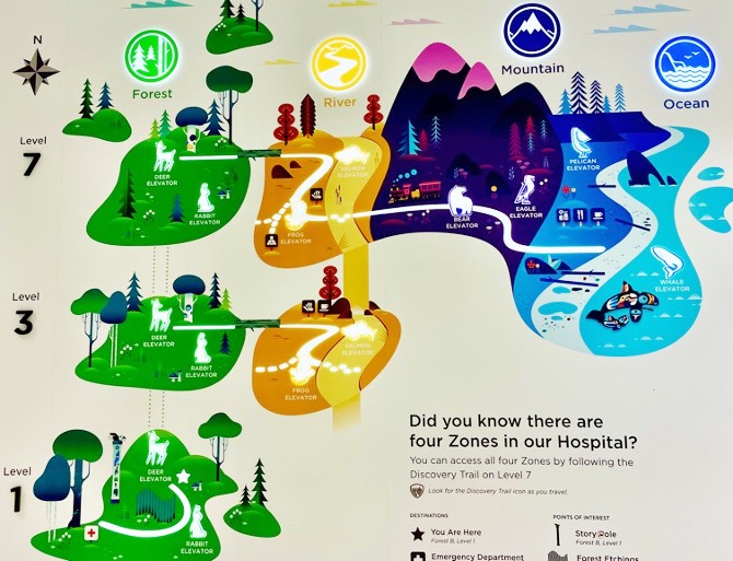 yusuke-matsuura-3 - junglecity.com Colorful park map showing forest, river, mountains, and ocean zones with elevator icons and level markers 1–7.
