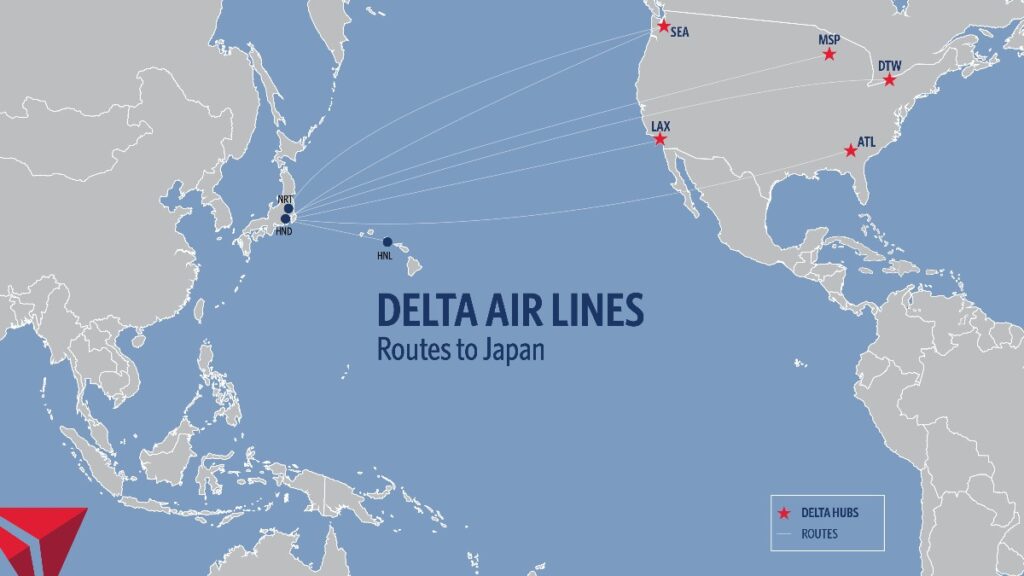 Map showing Delta Air Lines routes from U.S. hubs (SEA, MSP, DTW, ATL, LAX) to Tokyo (HND, NRT) and Hong Kong-style connections, with a legend for Delta hubs and routes
