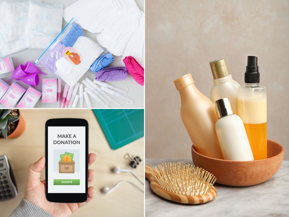 Collage of period care items (pads, tampons) on the left, a donation app on a smartphone on the bottom left, and hair care bottles with a brush on the right.