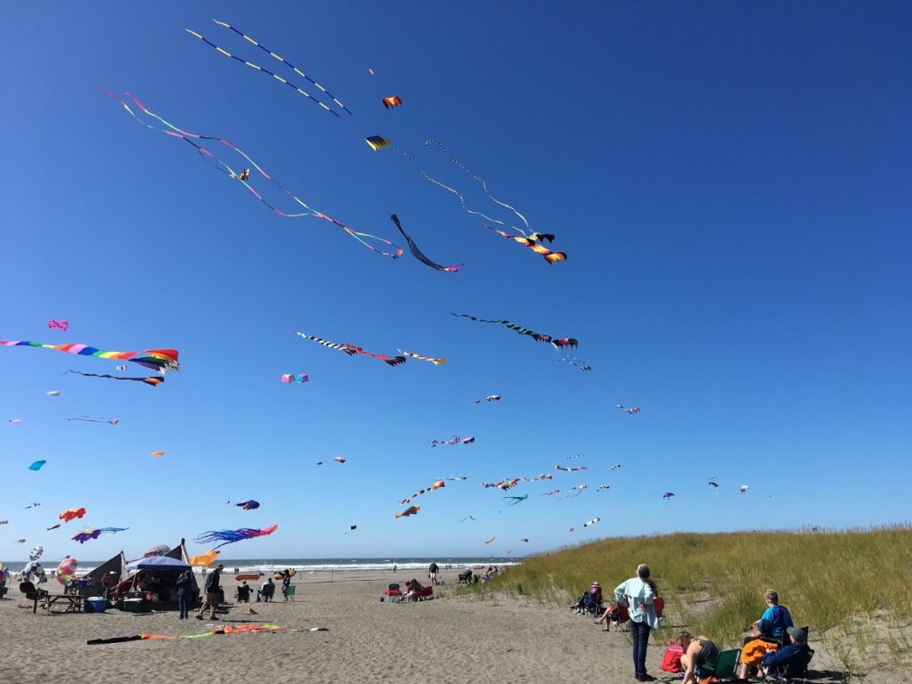 kite-festival-1 - junglecity.com Beach scene with dozens of colorful kites flying in a clear blue sky and people gathered on the sand near tents and dunes.