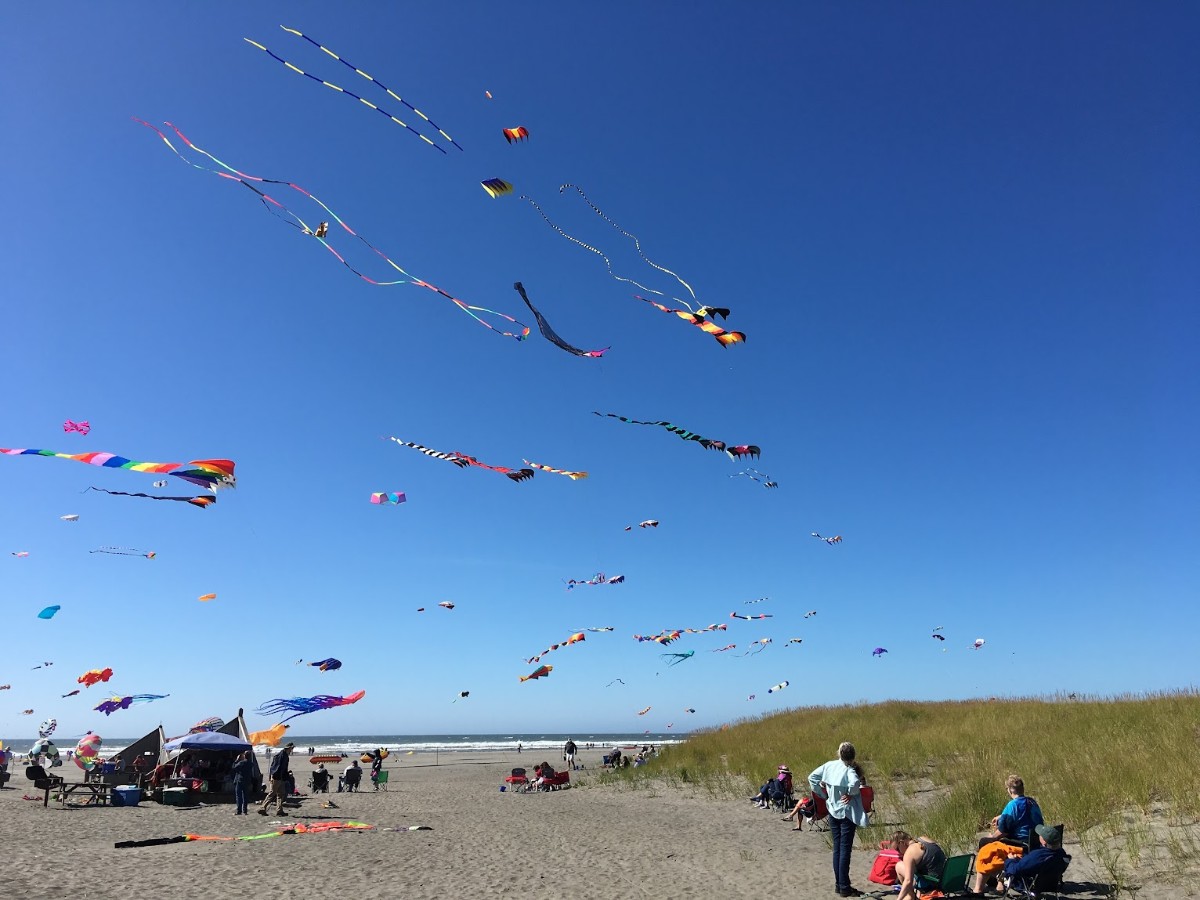 Beach scene with dozens of colorful kites flying in a clear blue sky and people gathered on the sand near tents and dunes.