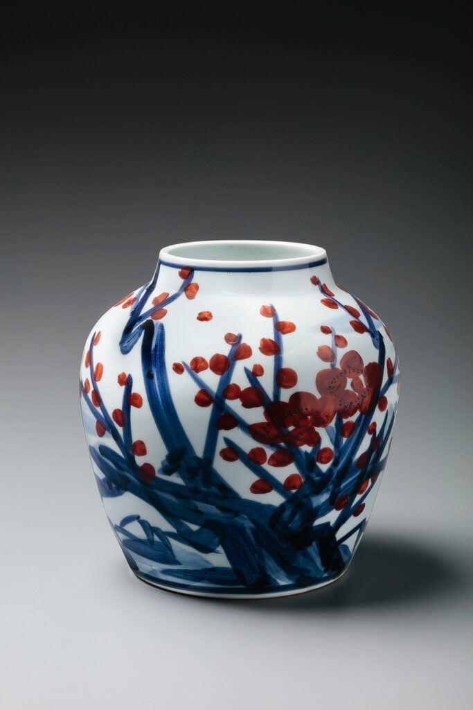 White porcelain vase with blue and red floral branches, rounded body, and narrow opening on a gray gradient background.