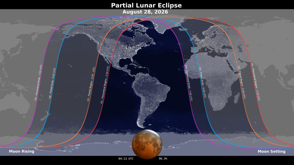 partial-lunar-eclipse-08-2026 - junglecity.com Global map with colorful curves showing Moon rise and set during the August 28, 2026 partial lunar eclipse, Moon at bottom horizon.