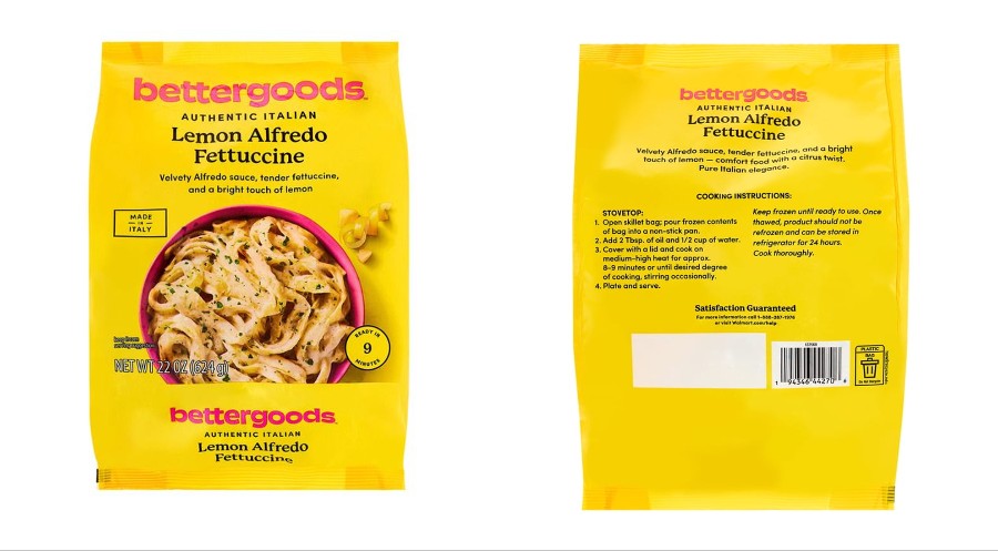 Front of a bright yellow Bettergoods Lemon Alfredo Fettuccine pasta package with a plate of fettuccine pasta displayed and 'Made in Italy' label clearly visible.