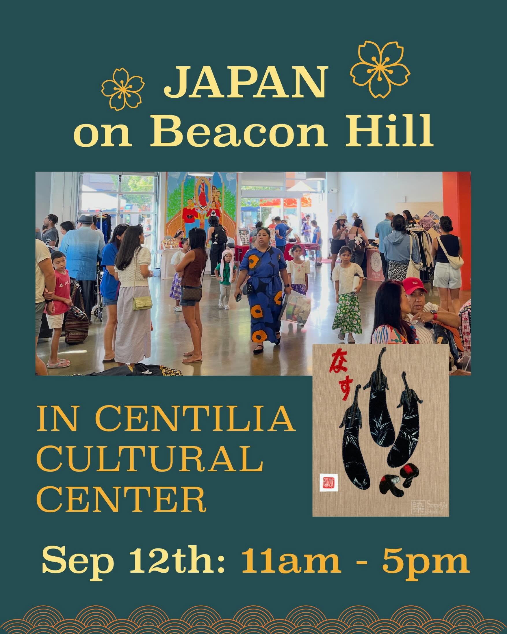 Poster-style image showing a crowded indoor event with people browsing stalls and a mural, text reads 'Japan on Beacon Hill' and 'In Centralia Cultural Center' with event date.