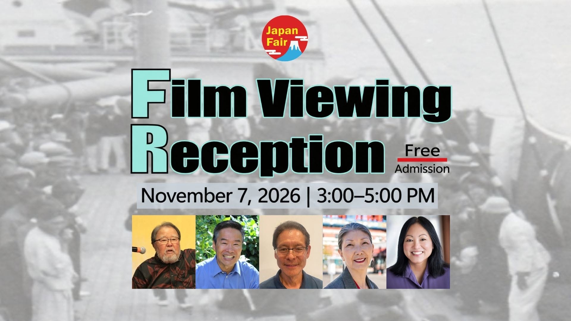 Poster for Japan Fair announcing a Film Viewing Reception on November 7, 2026 from 3:00–5:00 PM with free admission; featuring headshots of speakers at the bottom.