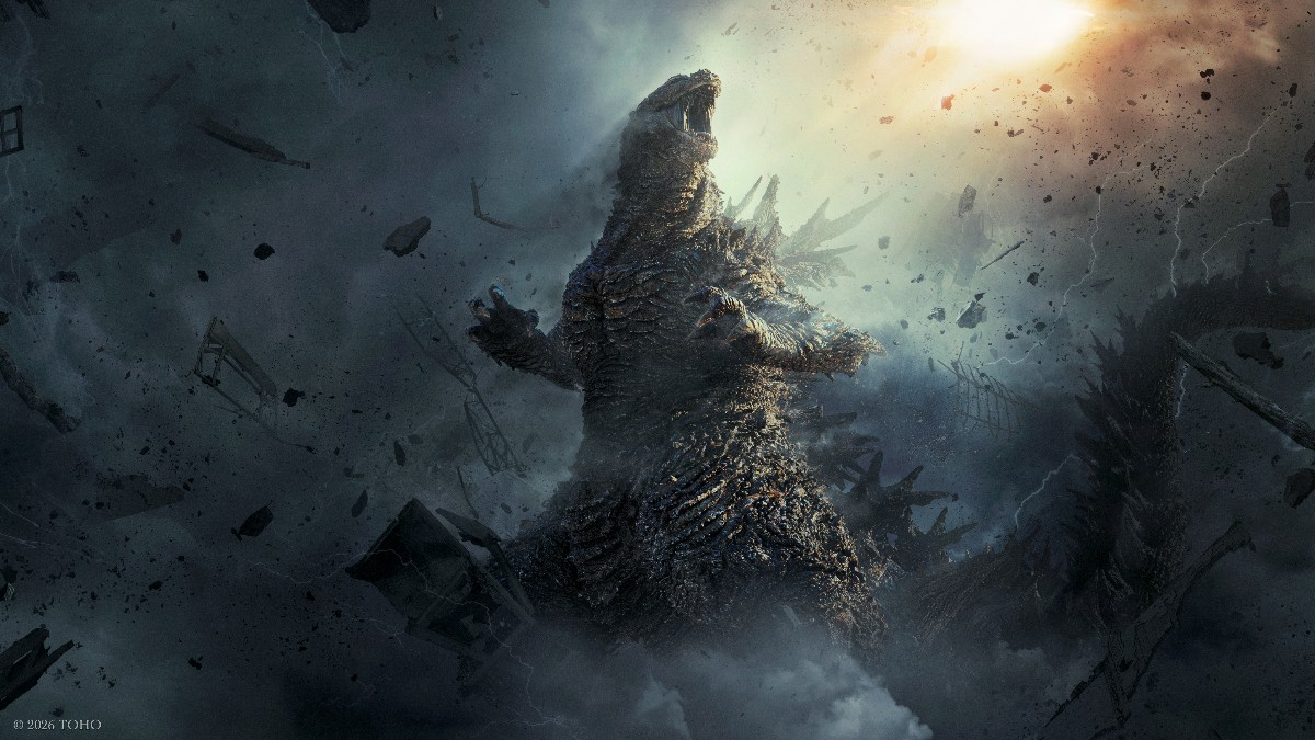 Giant reptilian monster roars amid swirling smoke and debris, towering over a devastated, stormy landscape.