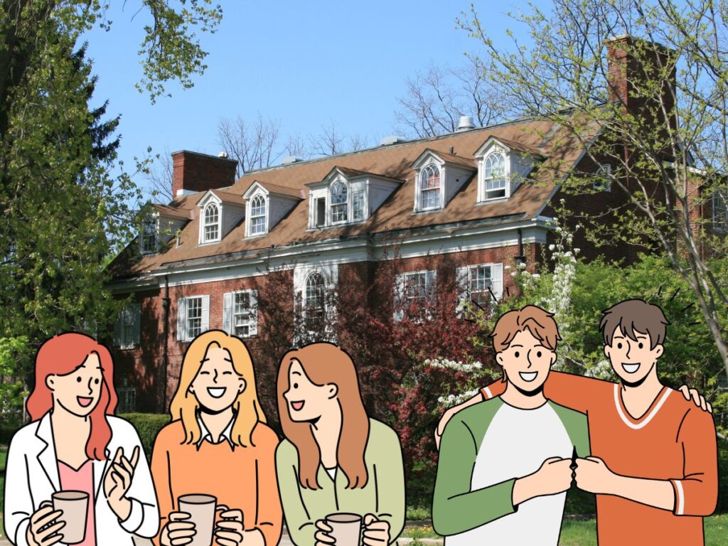 Five students smiling and holding cups in front of a brick college building on a sunny day with trees around.