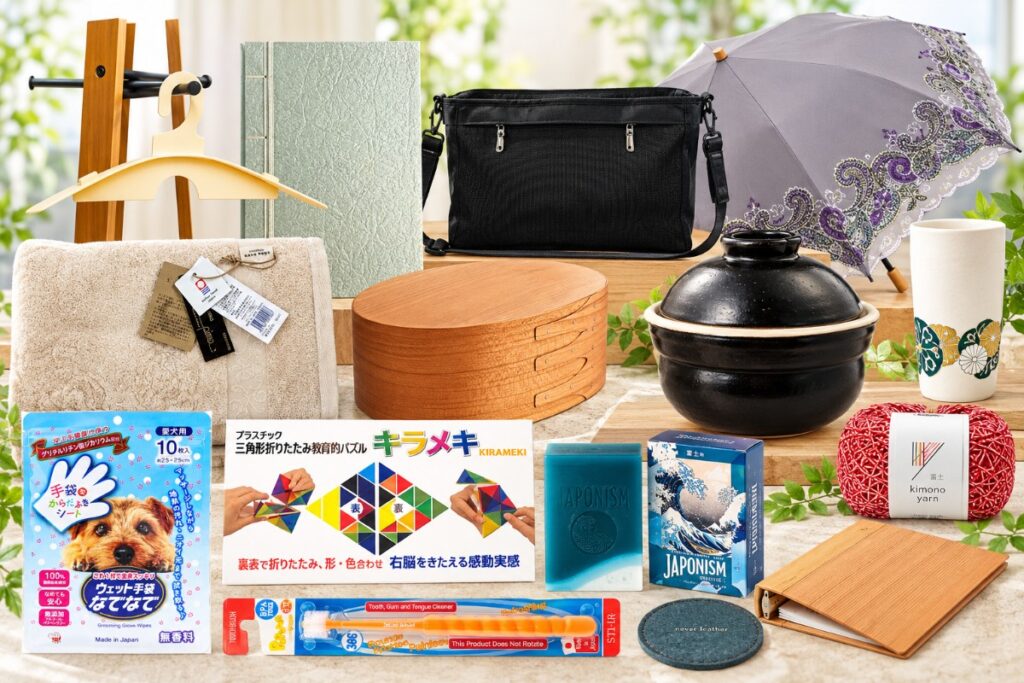 A collage of household goods including a wooden clothes rack with hangers, textured books, a black bag, a purple patterned umbrella, a ceramic pot, towel, and assorted crafts and toy boxes laid out on a wooden surface.