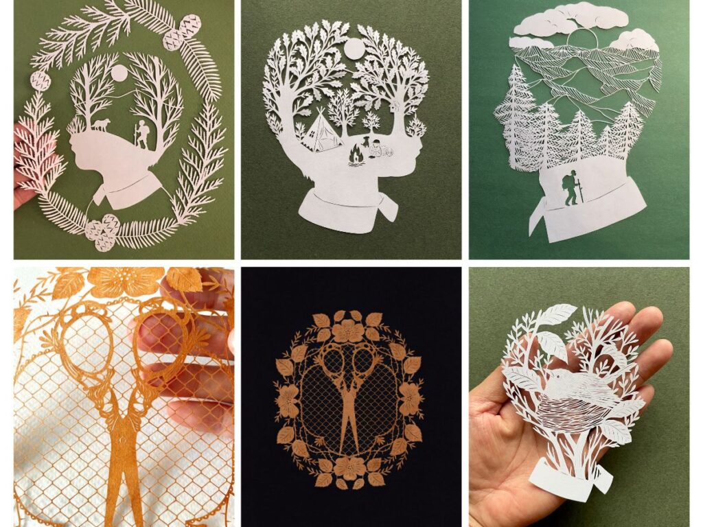 Six white papercut artworks arranged in a grid, each showing nature scenes (forests, mountains, trees) inside human silhouettes or frames.