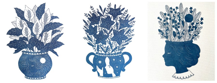 Triptych: three blue botanical illustrations — left: a vaseful of large leafy branches, center: a vase with a dense floral bouquet and a night-sky scene, right: a profile of a woman's head with flowers blooming from her hair.