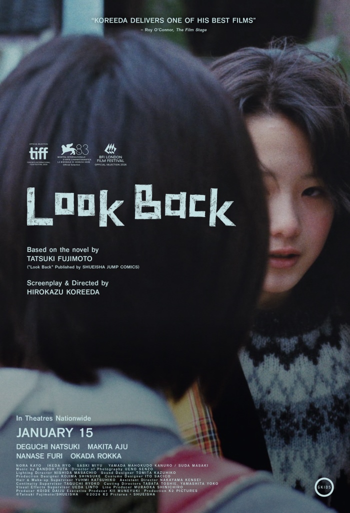 Poster for the film Look Back, showing a close-up of a girl's face between two people, with the title in bold white letters and 'January 15' release text.